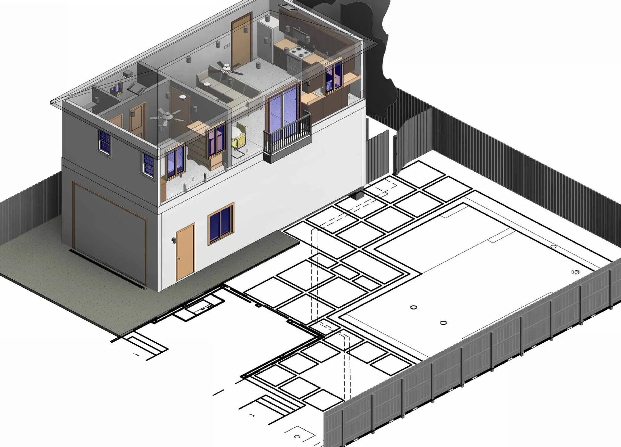 Cutaway drawing of a garage converted to a two story unit